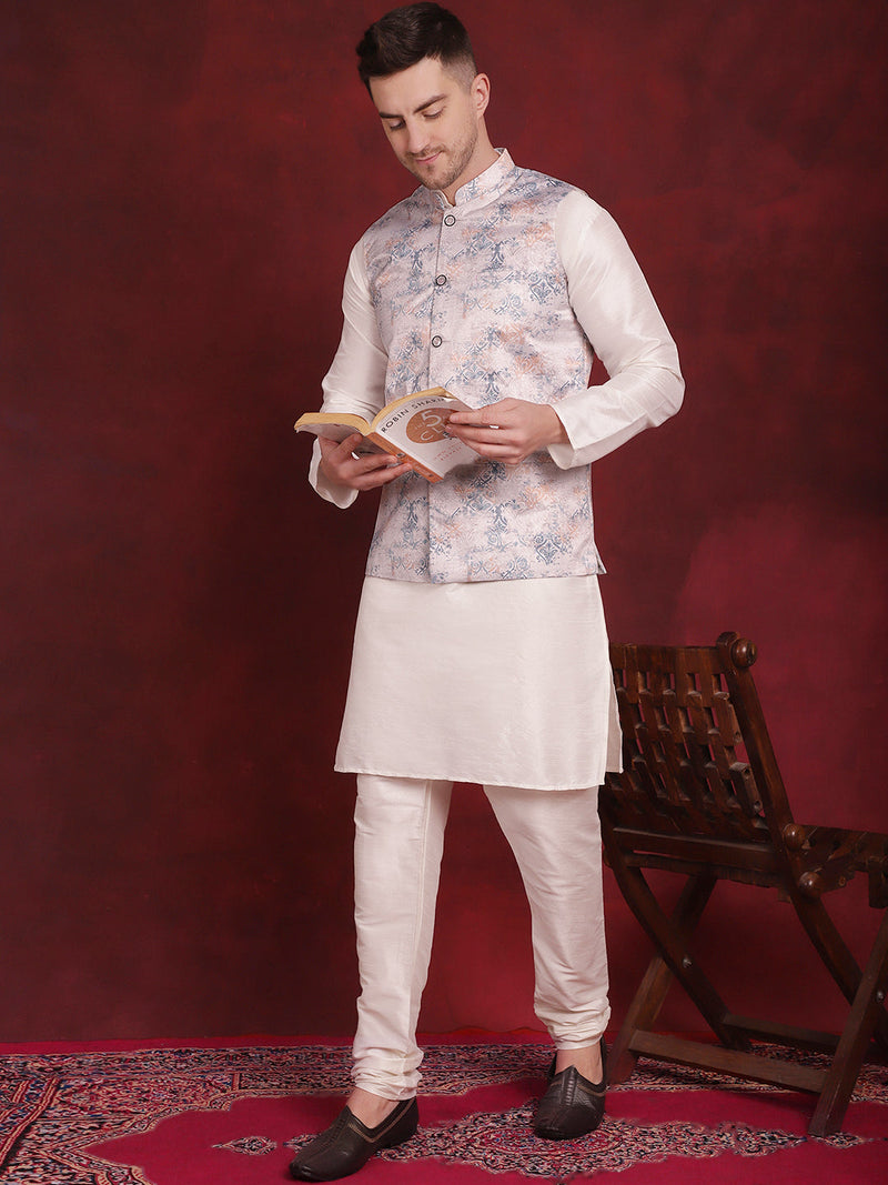 Silver Floral Printed Nehru Jacket With Kurta Pyjama Set ( JOKPWC 636W 4090Silver )