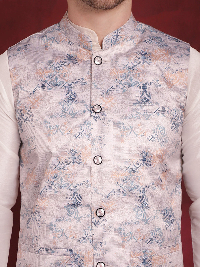 Silver Floral Printed Nehru Jacket With Kurta Pyjama Set ( JOKPWC 636W 4090Silver )