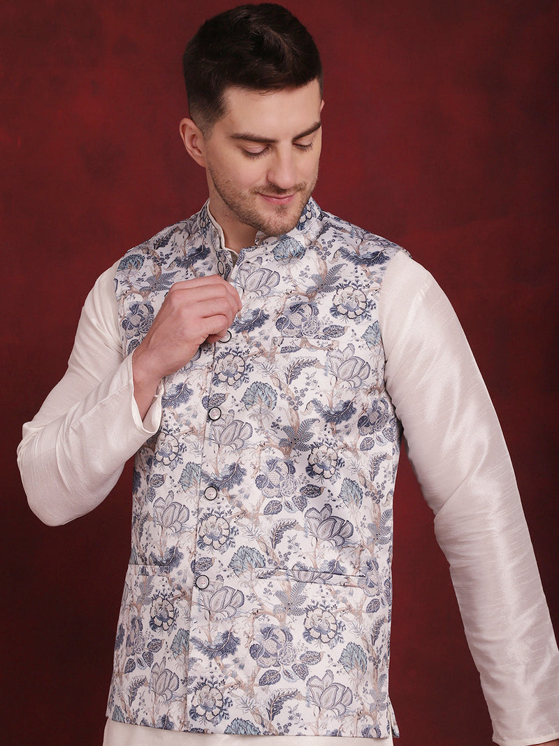 White Floral Printed Nehru Jacket With Kurta Pyjama Set ( JOKPWC 636W 4090White )