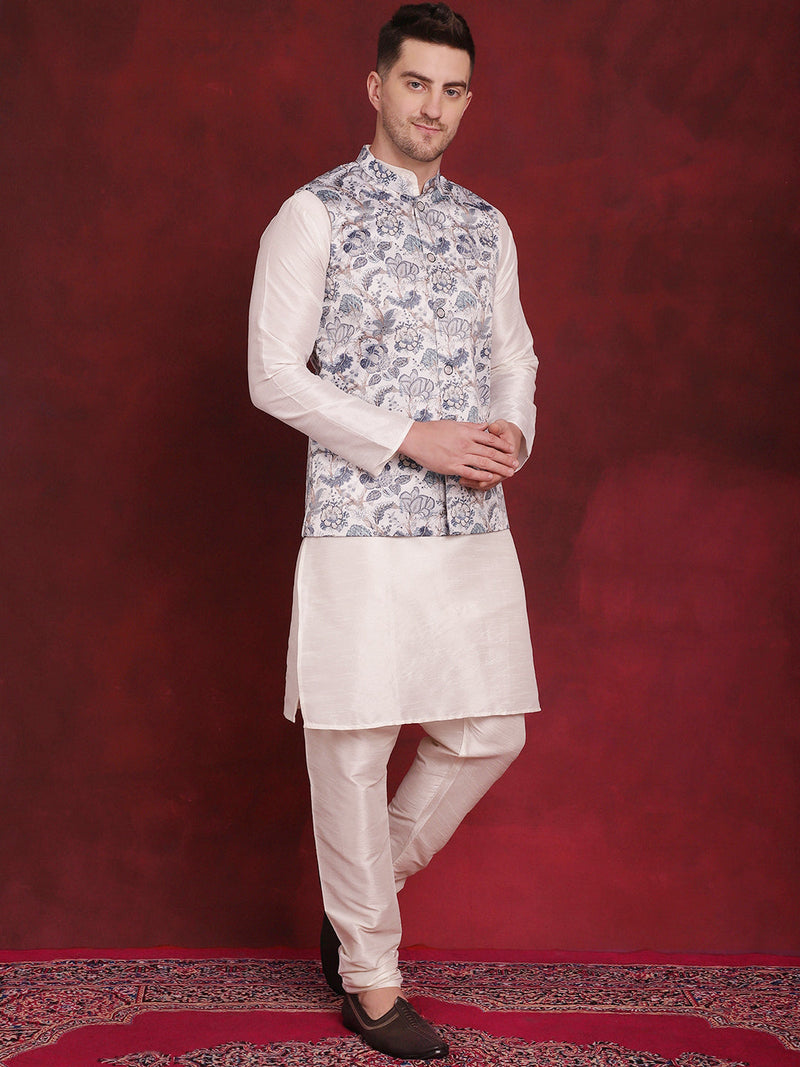 White Floral Printed Nehru Jacket With Kurta Pyjama Set ( JOKPWC 636W 4090White )