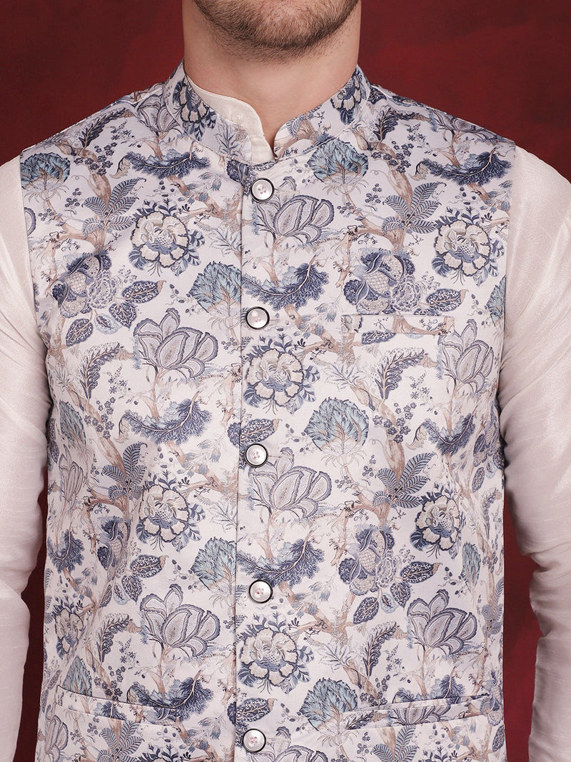 White Floral Printed Nehru Jacket With Kurta Pyjama Set ( JOKPWC 636W 4090White )