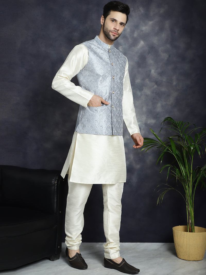 Men's Sequins and Embroidred Nehru Jacket With Solid Kurta Pyjama ( JOKPWC 636W 4096Grey )