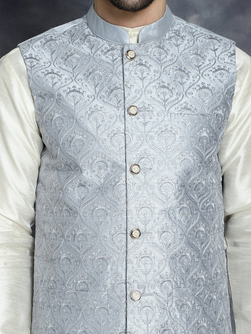 Men's Sequins and Embroidred Nehru Jacket With Solid Kurta Pyjama ( JOKPWC 636W 4096Grey )