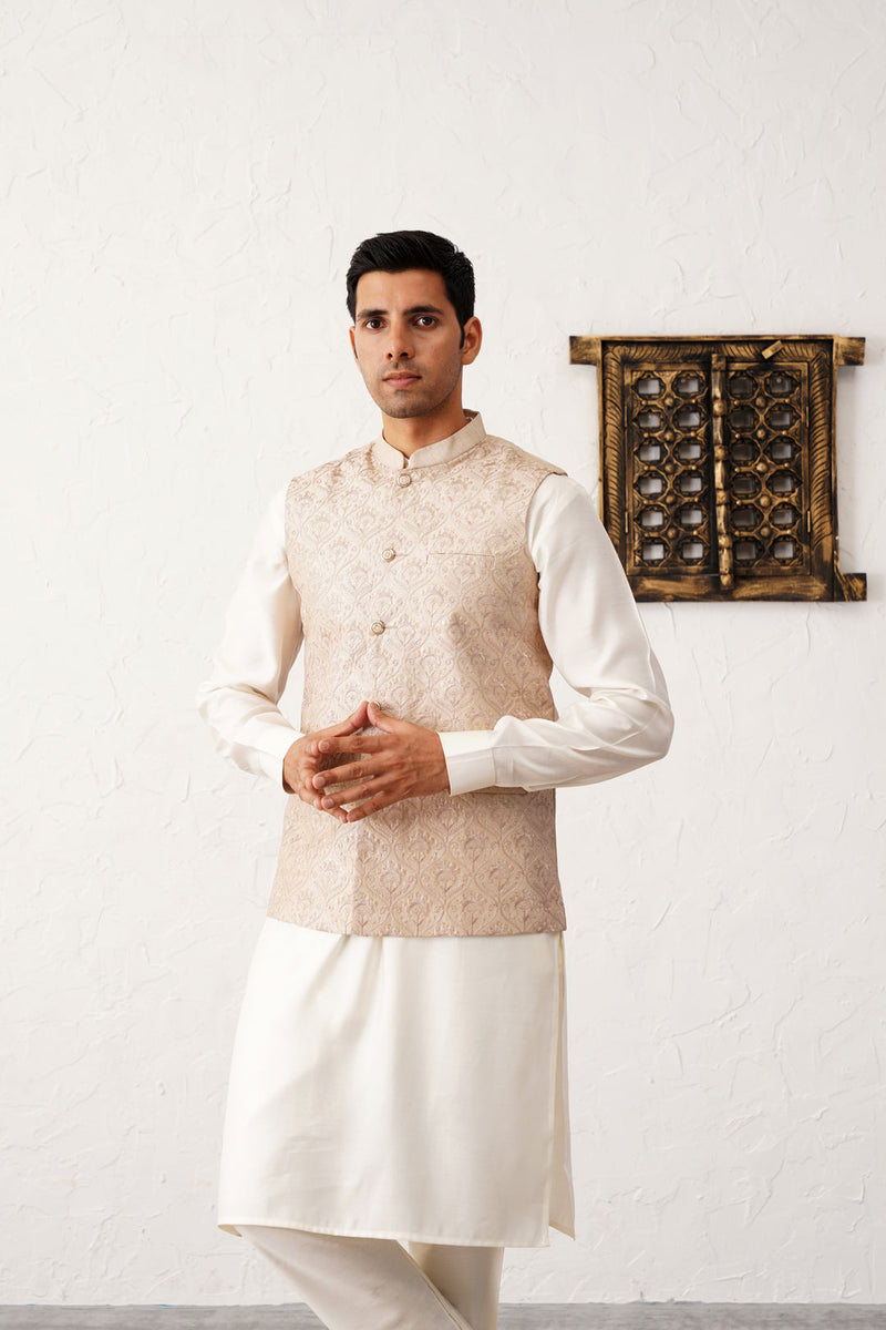 Men's Sequins and Embroidred Nehru Jacket With Solid Kurta Pyjama