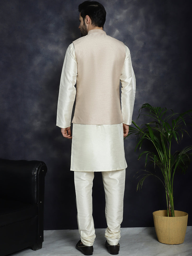 Men's Sequins and Embroidred Nehru Jacket With Solid Kurta Pyjama ( JOKPWC 636W 4096Peach )