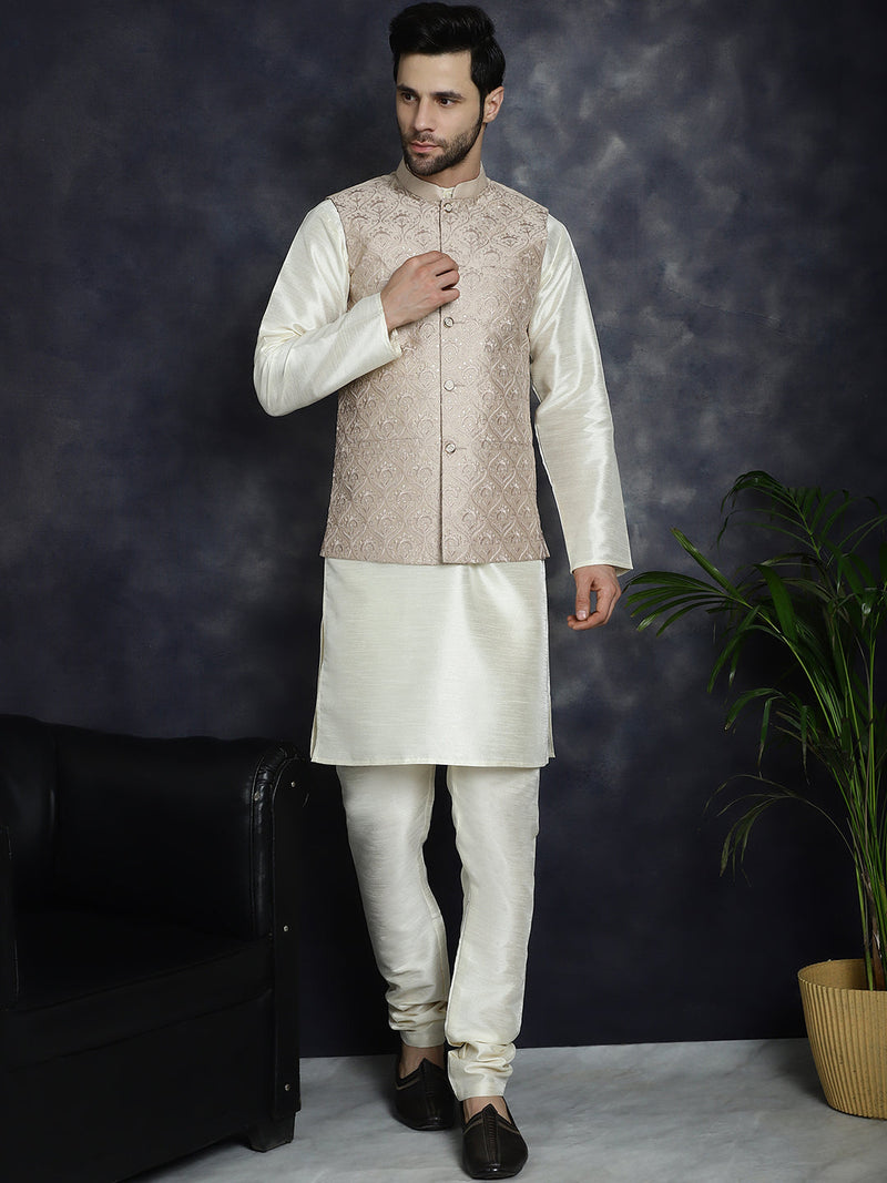 Men's Sequins and Embroidred Nehru Jacket With Solid Kurta Pyjama ( JOKPWC 636W 4096Peach )