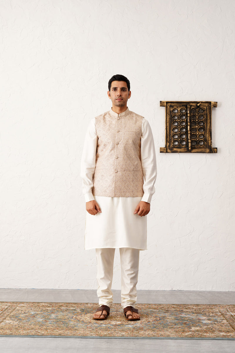 Men's Sequins and Embroidred Nehru Jacket With Solid Kurta Pyjama