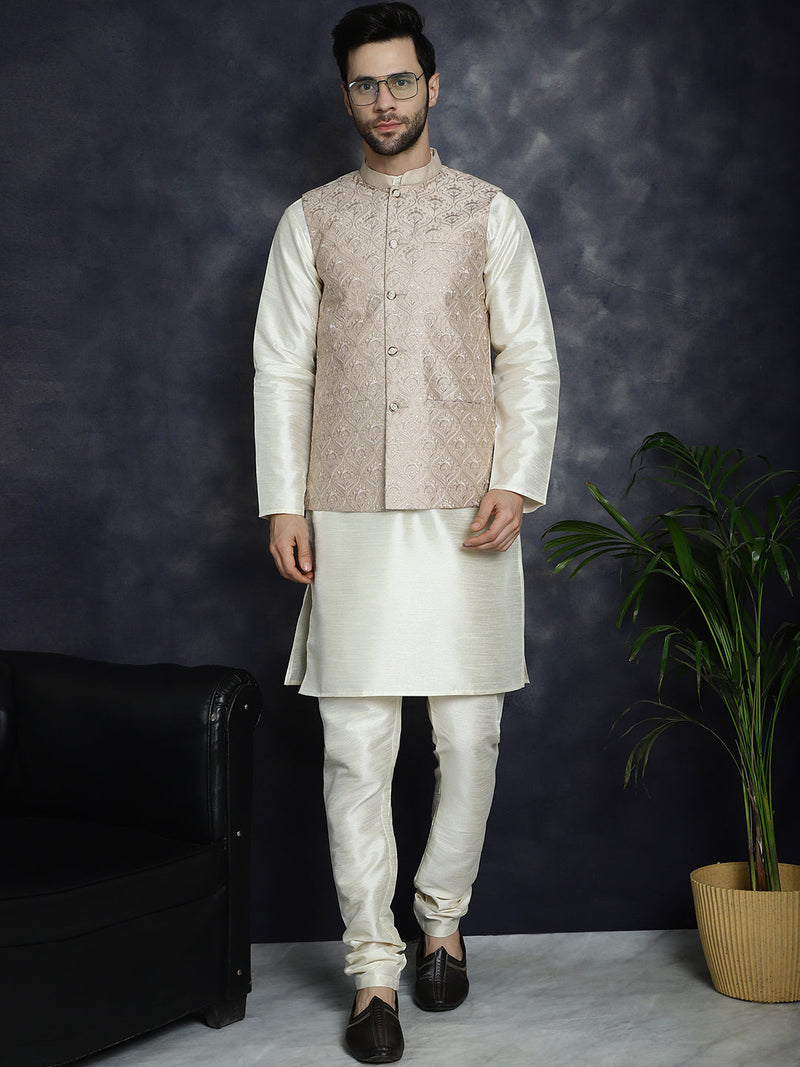 Men's Sequins and Embroidred Nehru Jacket With Solid Kurta Pyjama ( JOKPWC 636W 4096Peach )