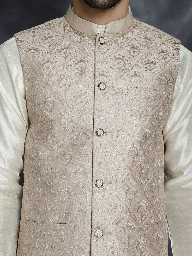 Men's Sequins and Embroidred Nehru Jacket With Solid Kurta Pyjama ( JOKPWC 636W 4096Peach )