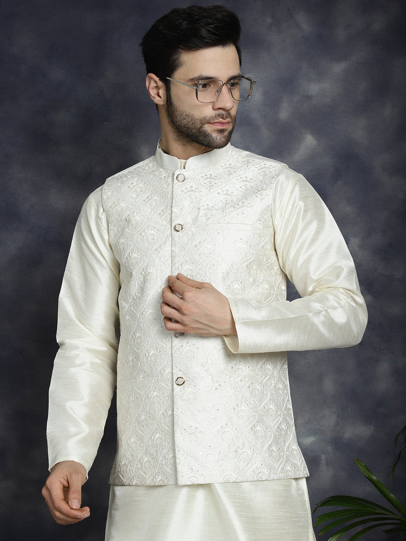 Men's Sequins and Embroidred Nehru Jacket With Solid Kurta Pyjama ( JOKPWC 636W 4096White )