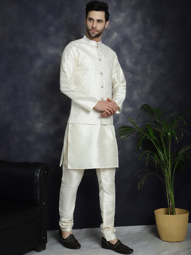 Men's Sequins and Embroidred Nehru Jacket With Solid Kurta Pyjama ( JOKPWC 636W 4096White )