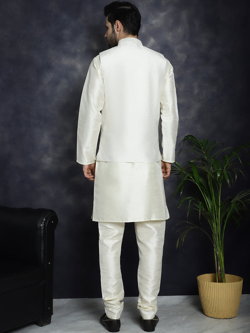 Men's Sequins and Embroidred Nehru Jacket With Solid Kurta Pyjama ( JOKPWC 636W 4096White )