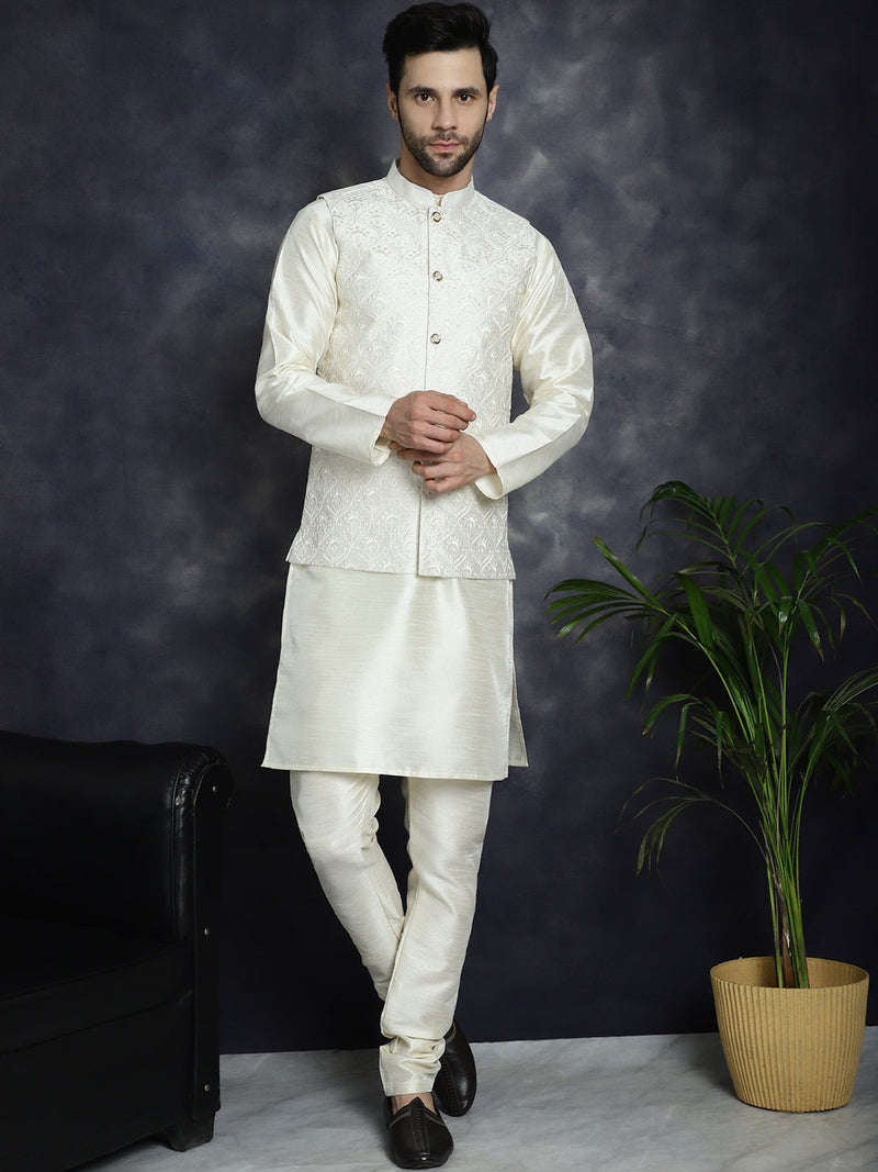 Men's Sequins and Embroidred Nehru Jacket With Solid Kurta Pyjama ( JOKPWC 636W 4096White )