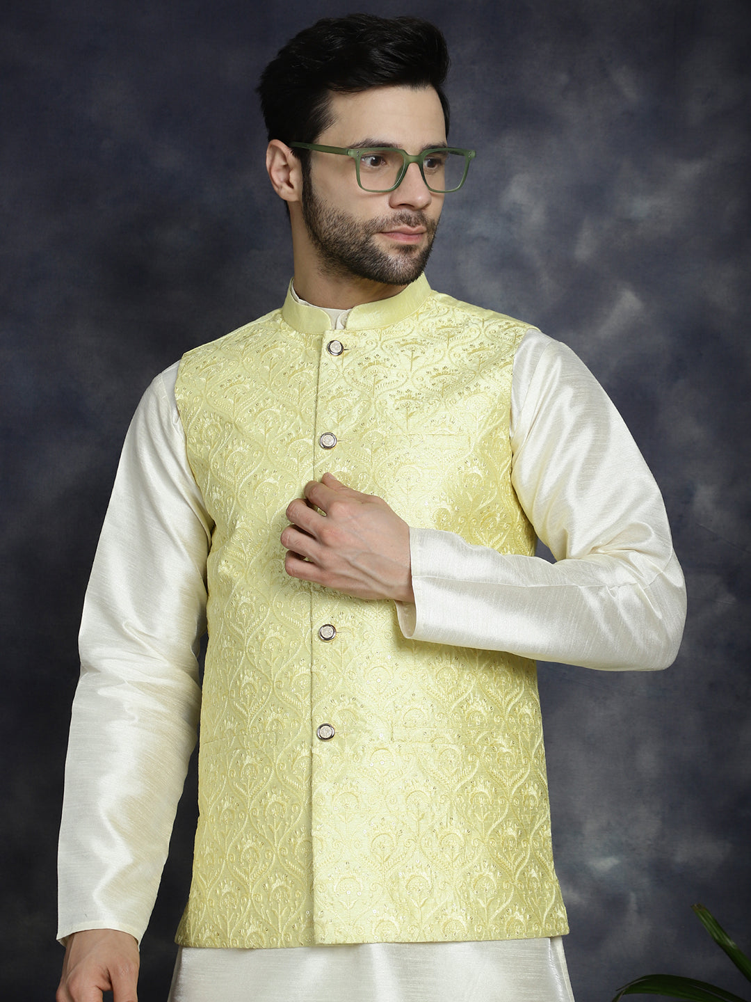 Men's Sequins and Embroidred Nehru Jacket With Solid Kurta Pyjama ( JOKPWC 636W 4096Yellow )