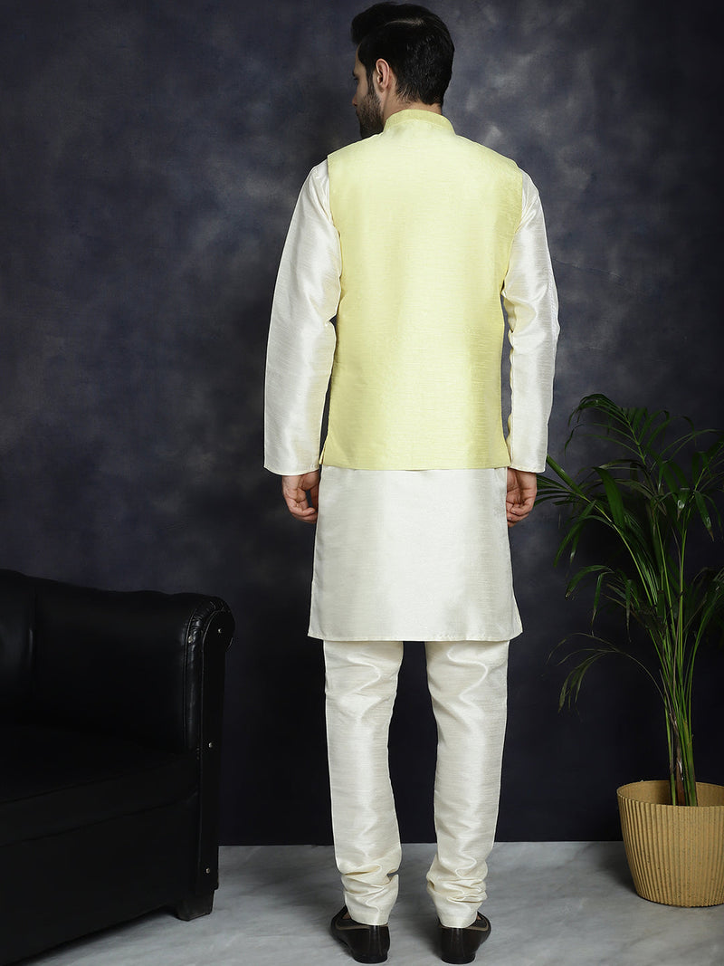 Men's Sequins and Embroidred Nehru Jacket With Solid Kurta Pyjama ( JOKPWC 636W 4096Yellow )