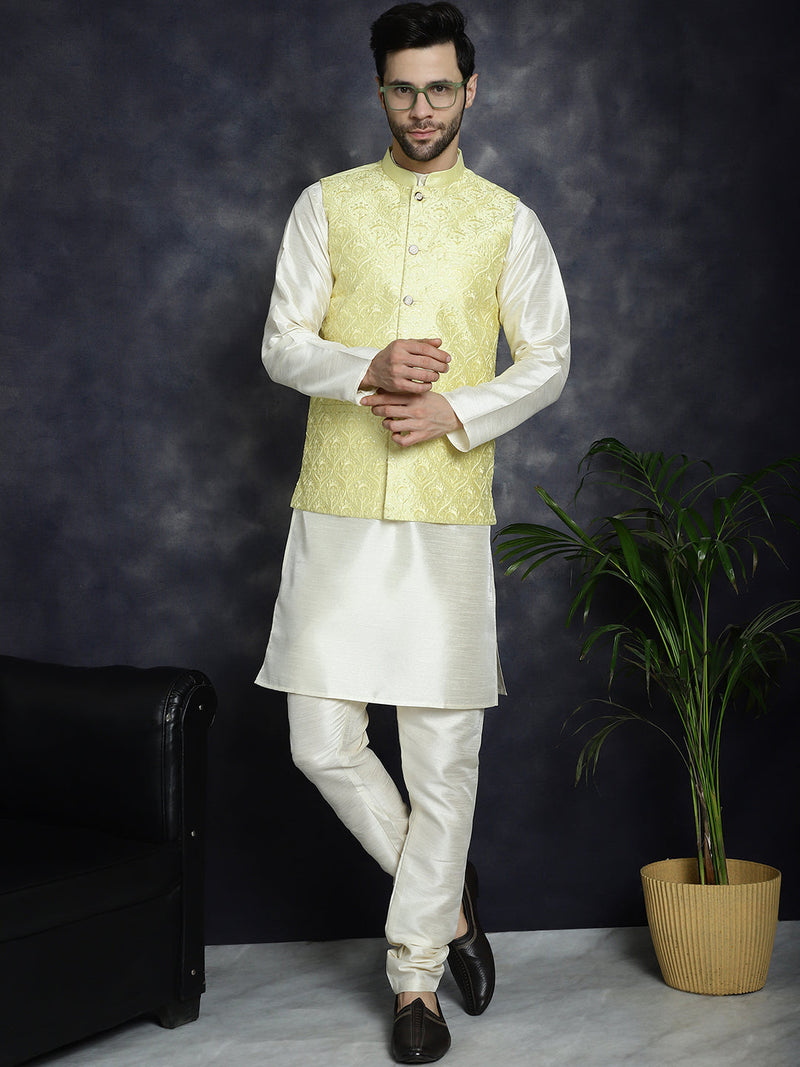 Men's Sequins and Embroidred Nehru Jacket With Solid Kurta Pyjama ( JOKPWC 636W 4096Yellow )