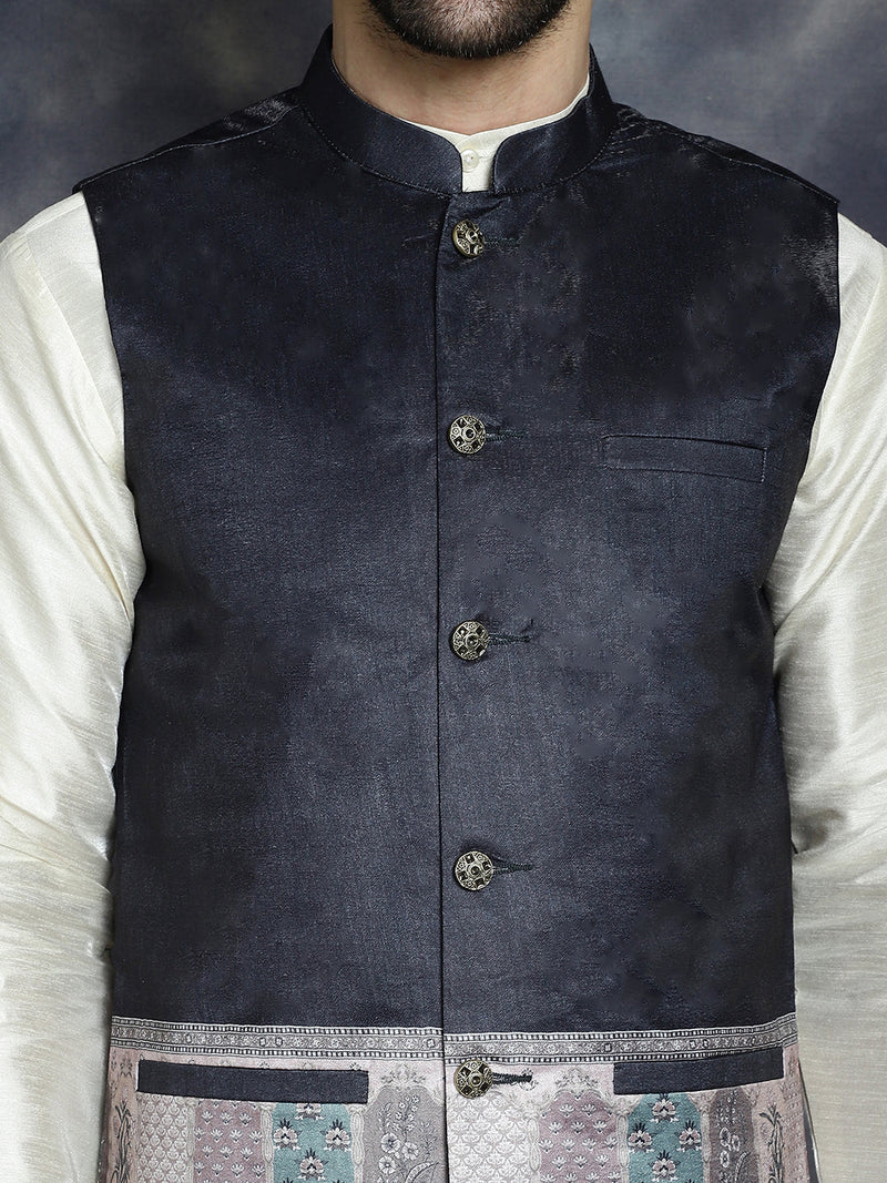 Men's Printed Nehru Jacket With Solid Kurta Pyjama ( JOKPWC 636W 4097Black )