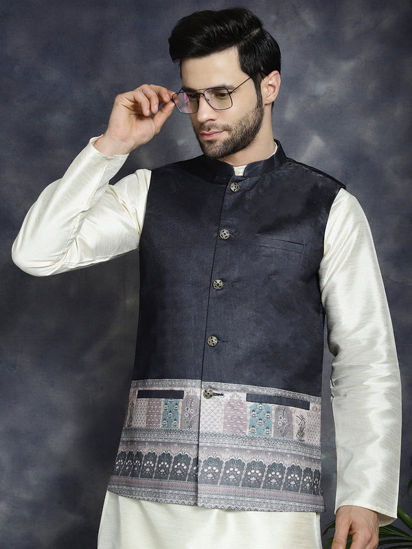 Men's Printed Nehru Jacket With Solid Kurta Pyjama ( JOKPWC 636W 4097Black )