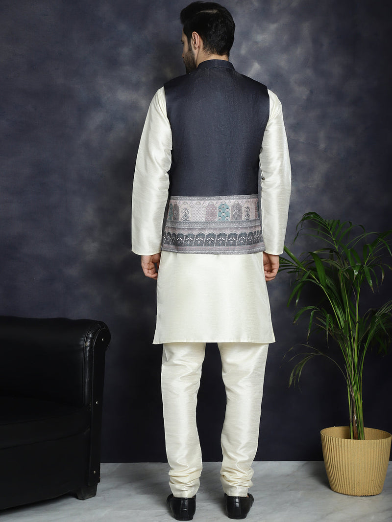 Men's Printed Nehru Jacket With Solid Kurta Pyjama ( JOKPWC 636W 4097Black )