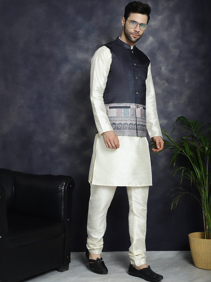 Men's Printed Nehru Jacket With Solid Kurta Pyjama ( JOKPWC 636W 4097Black )