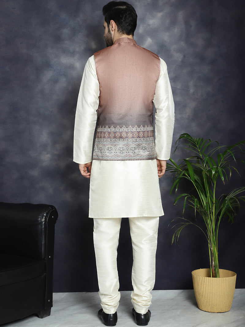 Men's Printed Nehru Jacket With Solid Kurta Pyjama ( JOKPWC 636W 4097Brown )