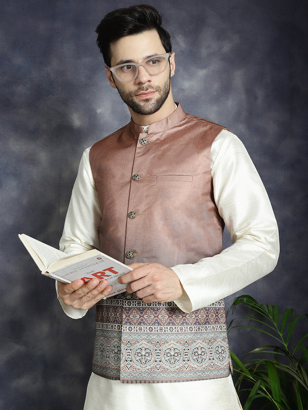 Men's Printed Nehru Jacket With Solid Kurta Pyjama ( JOKPWC 636W 4097Brown )