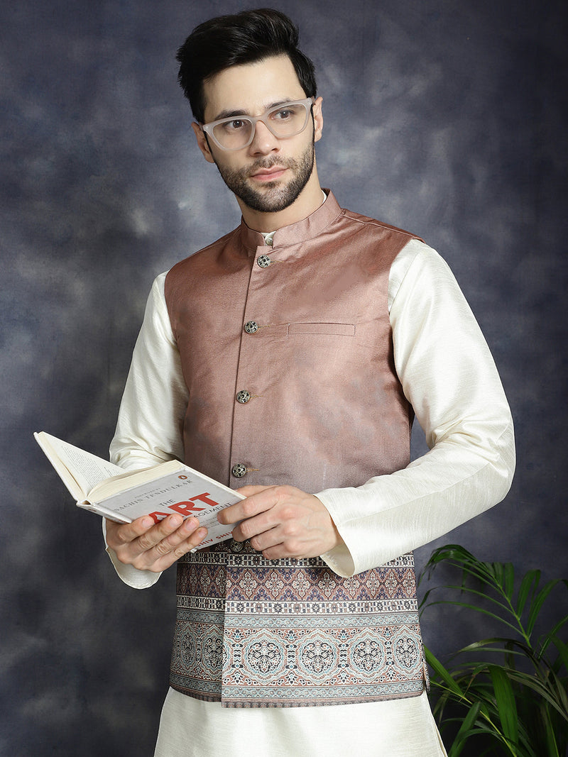 Men's Printed Nehru Jacket With Solid Kurta Pyjama JOKPWC 636W 4097B