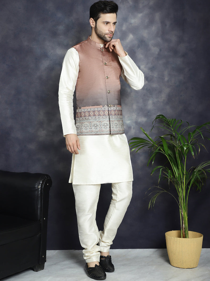 Men's Printed Nehru Jacket With Solid Kurta Pyjama ( JOKPWC 636W 4097Brown )