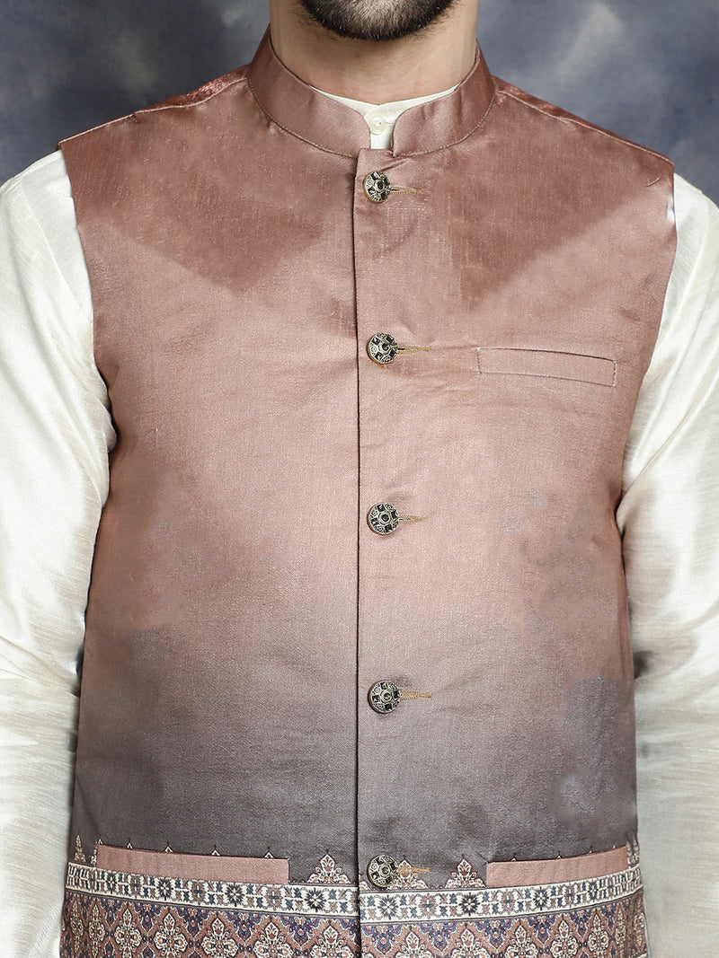 Men's Printed Nehru Jacket With Solid Kurta Pyjama ( JOKPWC 636W 4097Brown )