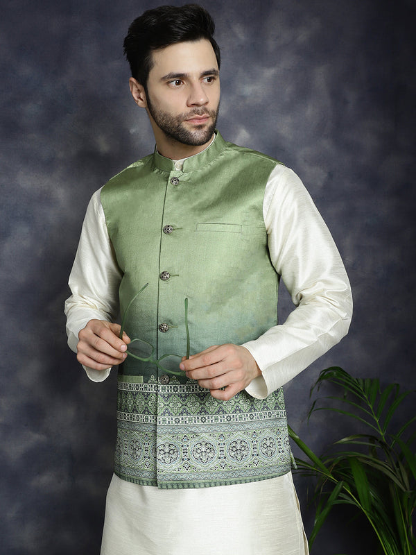 Men's Printed Nehru Jacket With Solid Kurta Pyjama ( JOKPWC 636W 4097Green )