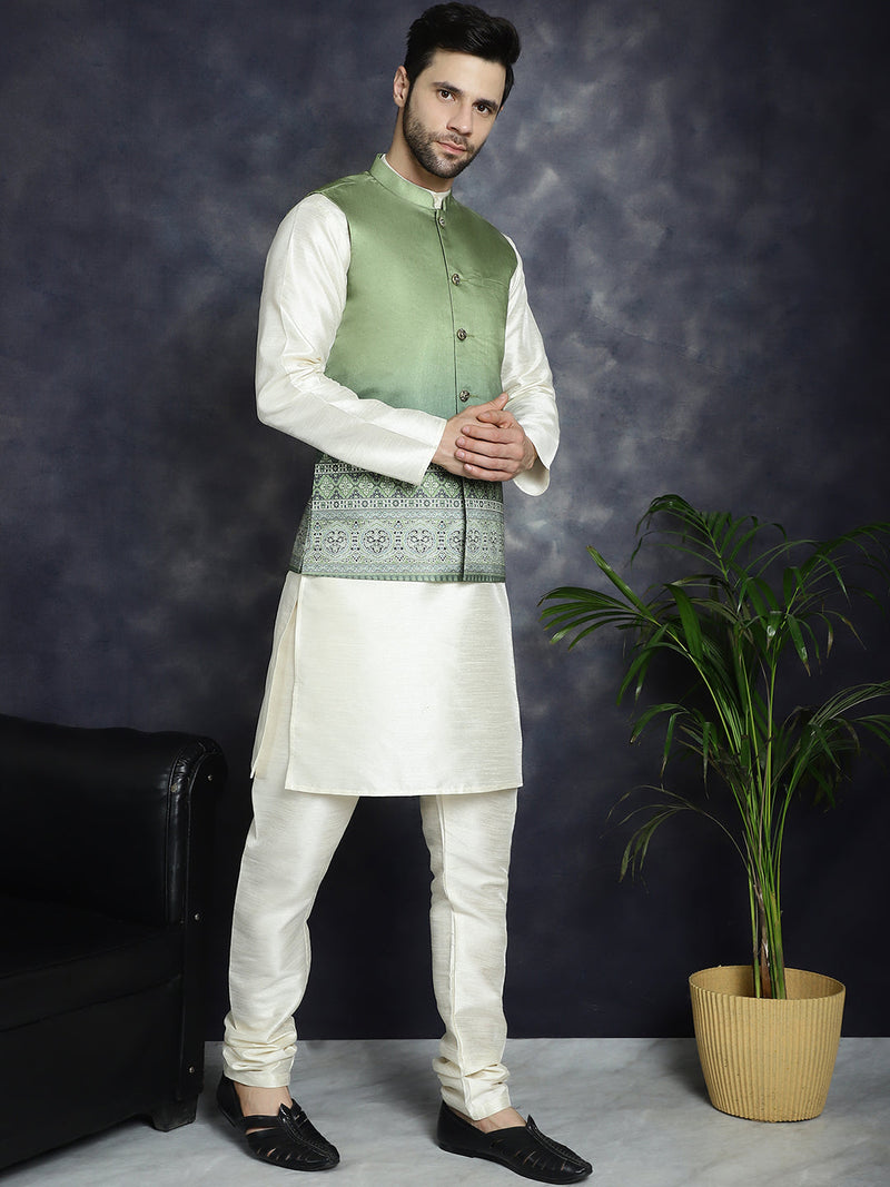 Men's Printed Nehru Jacket With Solid Kurta Pyjama ( JOKPWC 636W 4097Green )