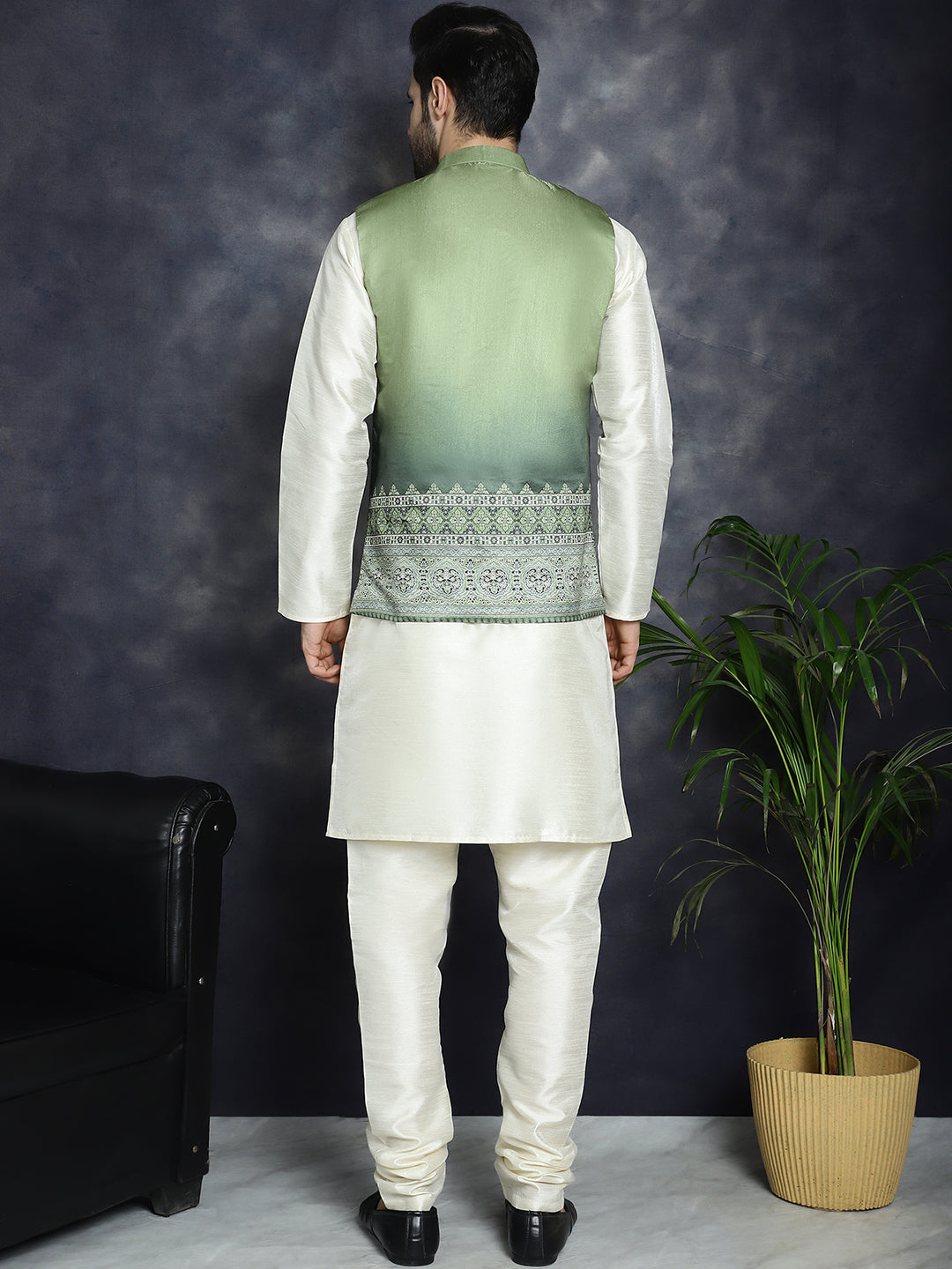 Men's Printed Nehru Jacket With Solid Kurta Pyjama ( JOKPWC 636W 4097Green )