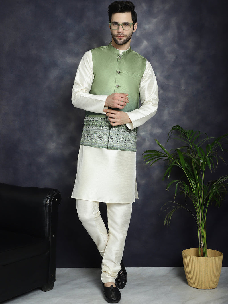 Men's Printed Nehru Jacket With Solid Kurta Pyjama ( JOKPWC 636W 4097Green )