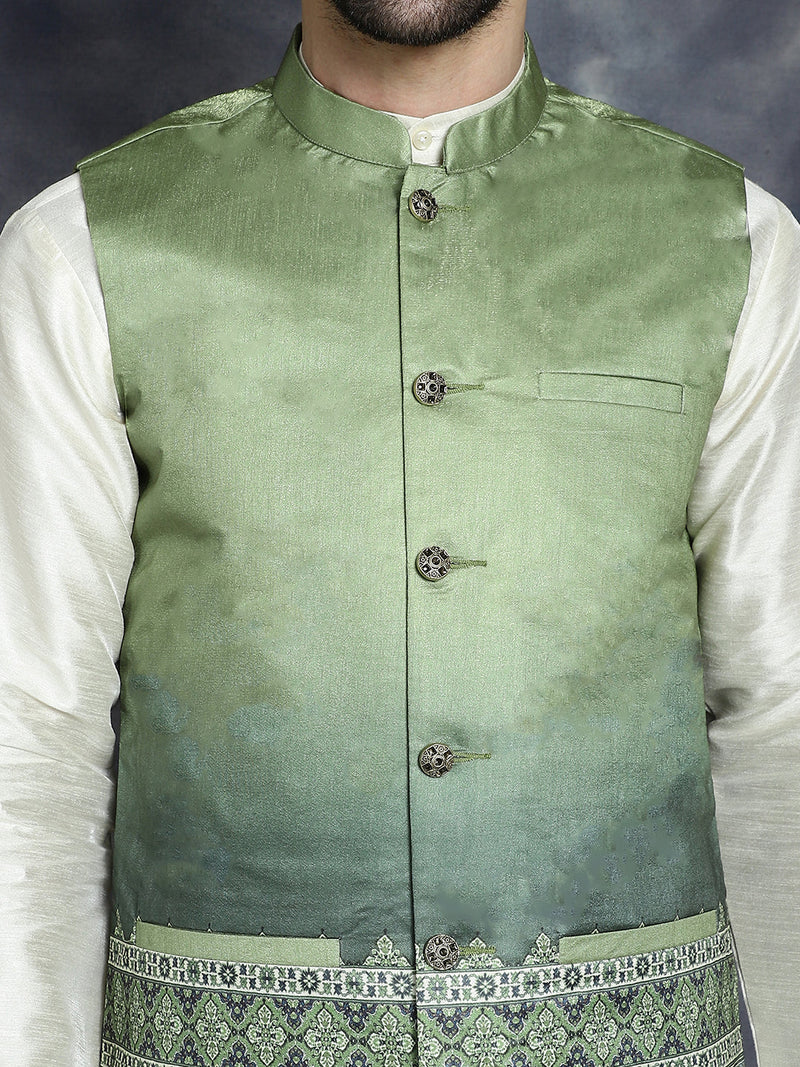 Men's Printed Nehru Jacket With Solid Kurta Pyjama ( JOKPWC 636W 4097Green )