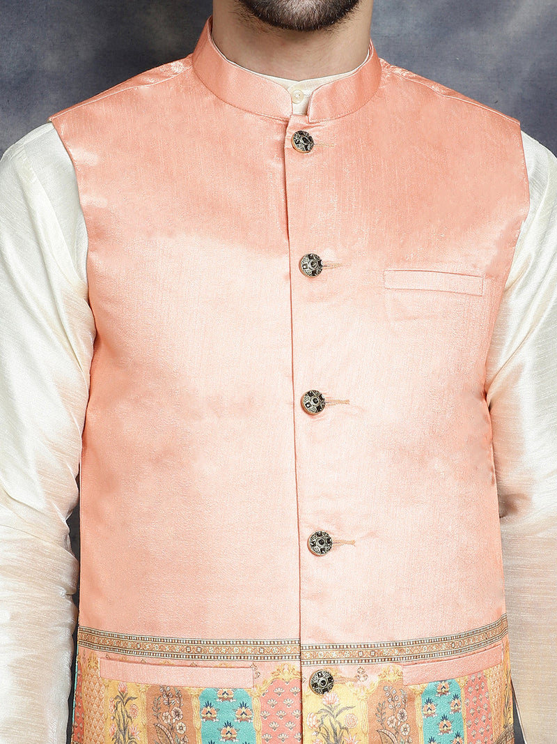 Men's Printed Nehru Jacket With Solid Kurta Pyjama ( JOKPWC 636W 4097Peach )