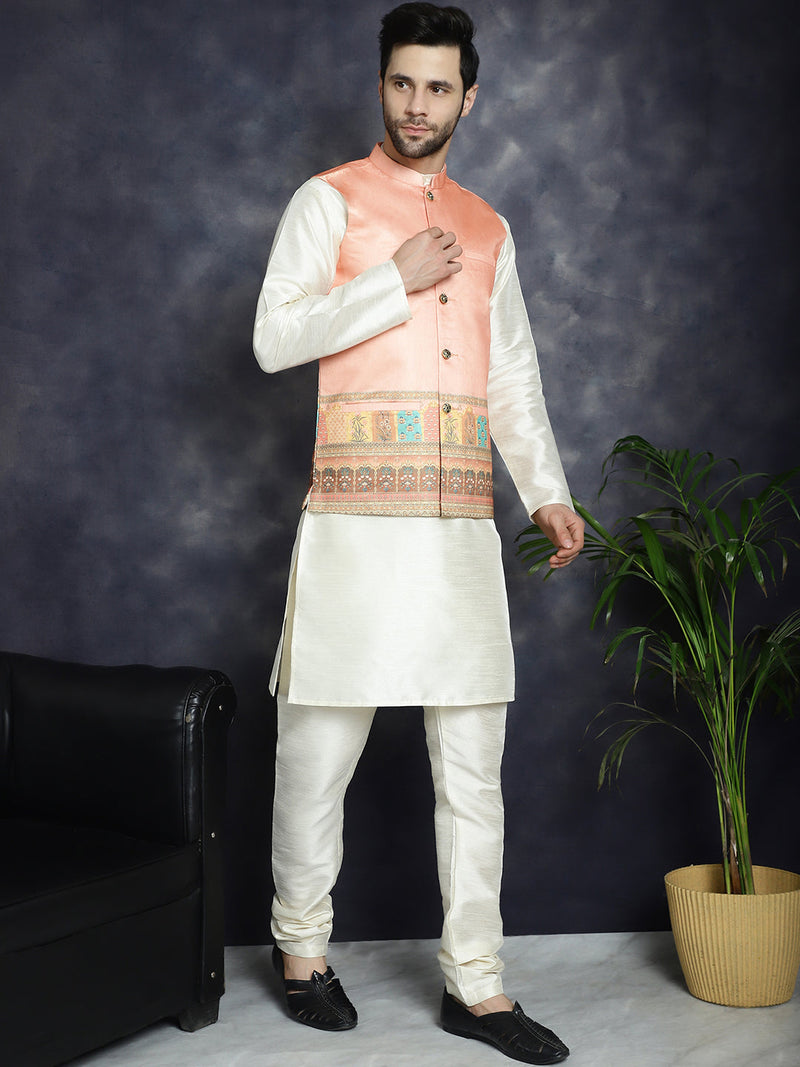 Men's Printed Nehru Jacket With Solid Kurta Pyjama ( JOKPWC 636W 4097Peach )