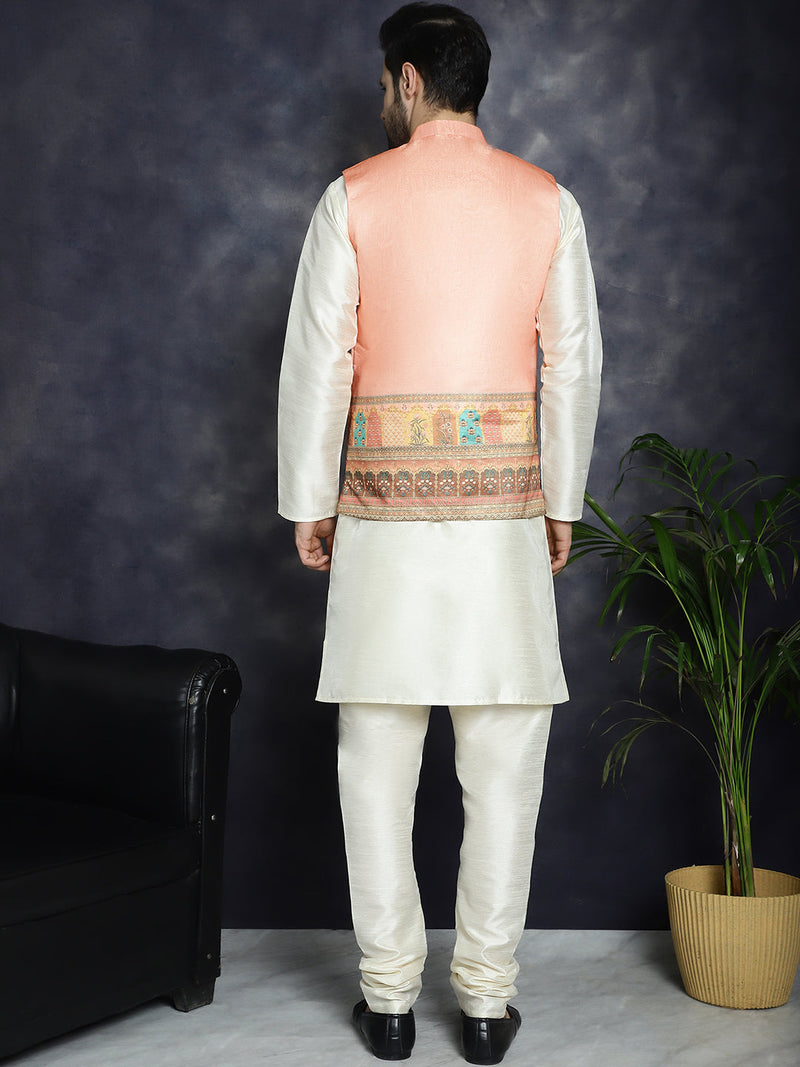 Men's Printed Nehru Jacket With Solid Kurta Pyjama ( JOKPWC 636W 4097Peach )