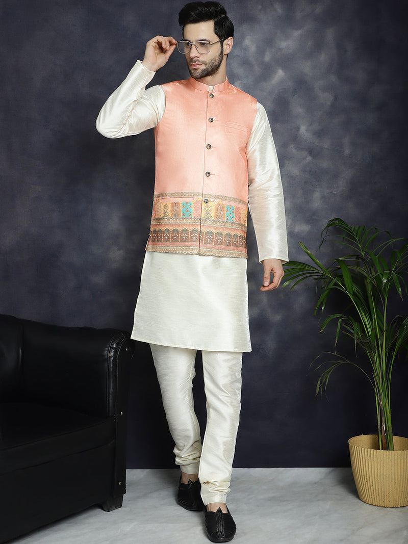 Men's Printed Nehru Jacket With Solid Kurta Pyjama ( JOKPWC 636W 4097Peach )