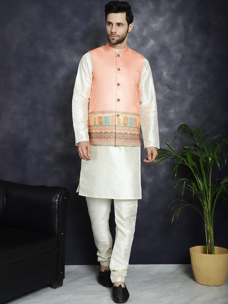 Men's Printed Nehru Jacket With Solid Kurta Pyjama ( JOKPWC 636W 4097Peach )