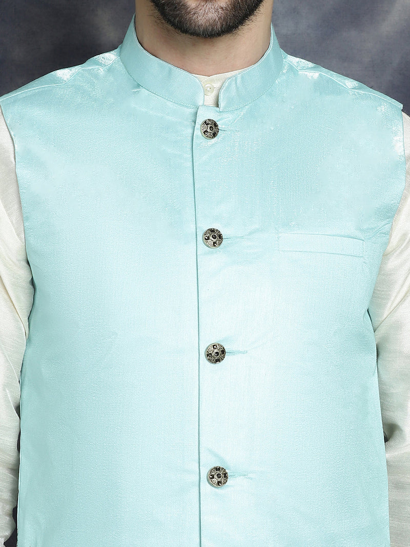 Men's Printed Nehru Jacket With Solid Kurta Pyjama ( JOKPWC 636W 4097Sky )