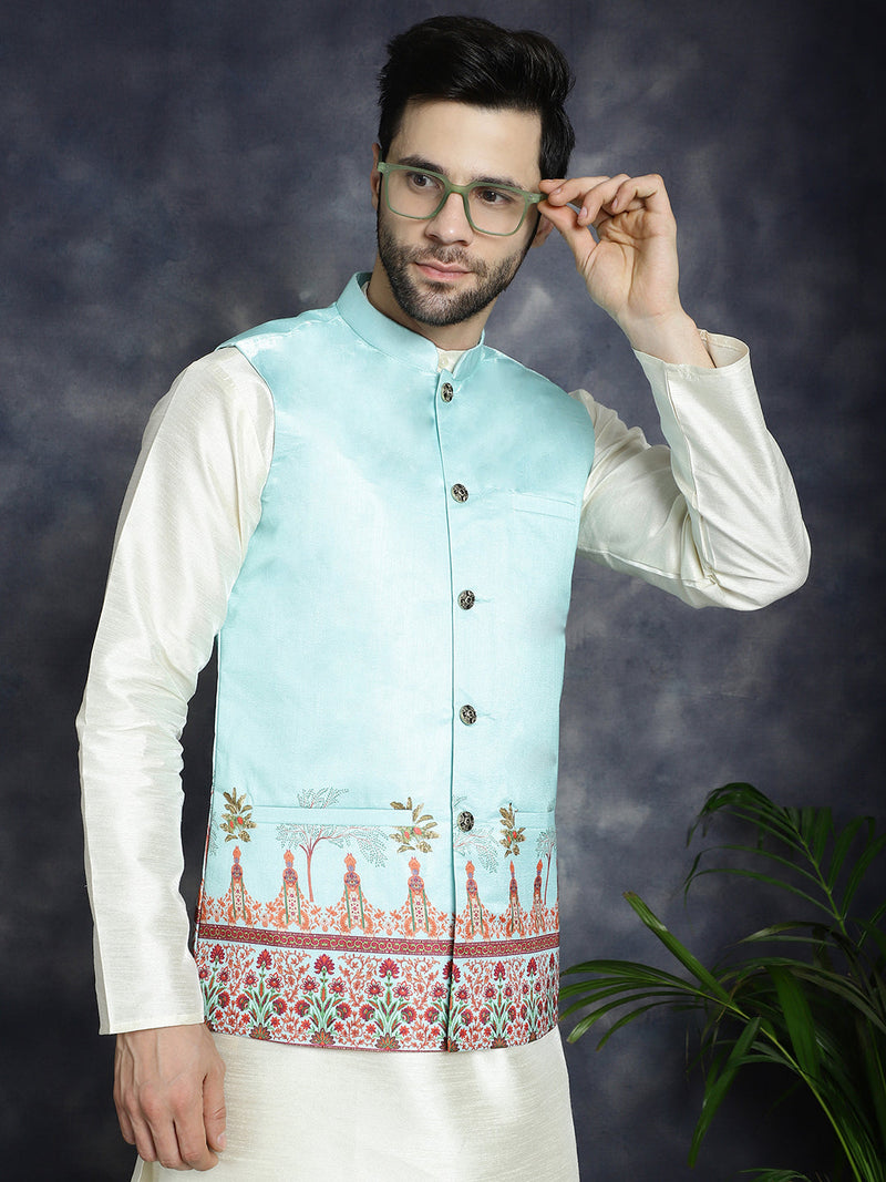 Men's Printed Nehru Jacket With Solid Kurta Pyjama ( JOKPWC 636W 4097Sky )