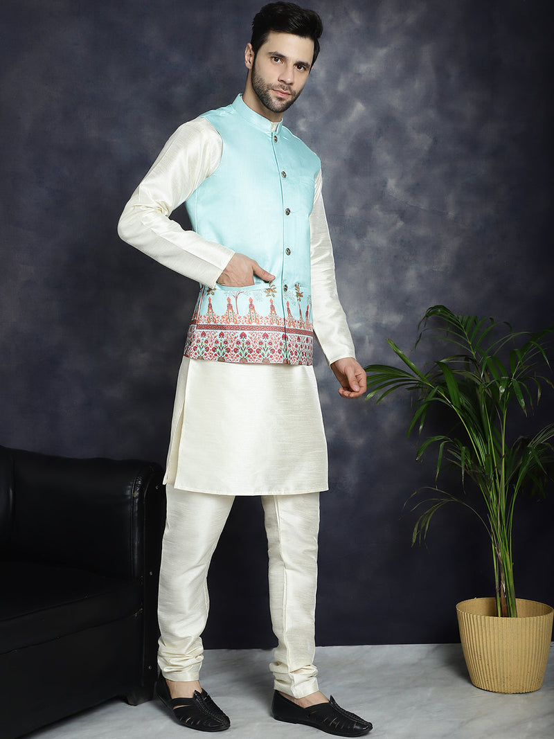 Men's Printed Nehru Jacket With Solid Kurta Pyjama ( JOKPWC 636W 4097Sky )