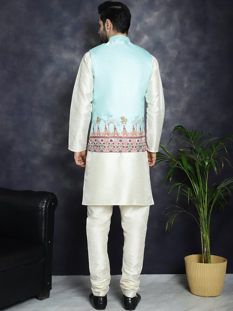 Men's Printed Nehru Jacket With Solid Kurta Pyjama ( JOKPWC 636W 4097Sky )