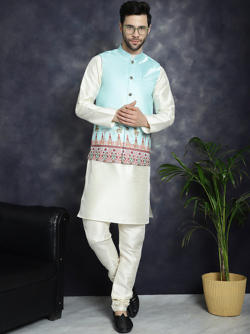 Men's Printed Nehru Jacket With Solid Kurta Pyjama ( JOKPWC 636W 4097Sky )