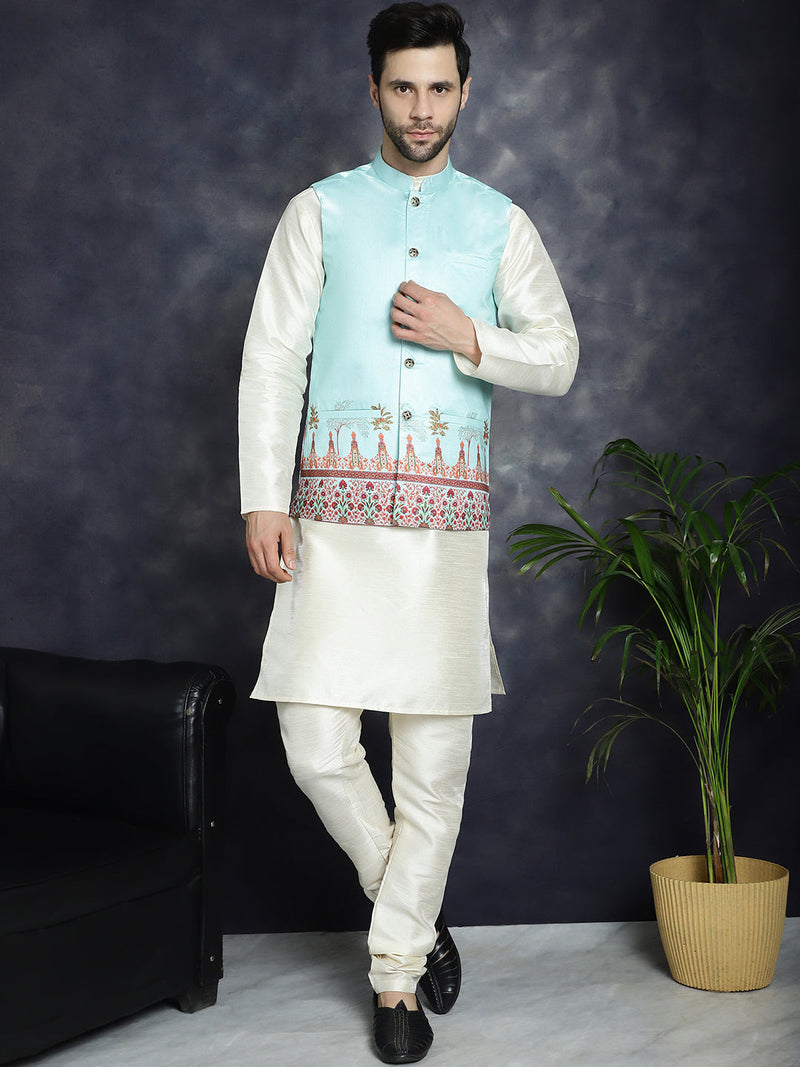 Men's Printed Nehru Jacket With Solid Kurta Pyjama ( JOKPWC 636W 4097Sky )