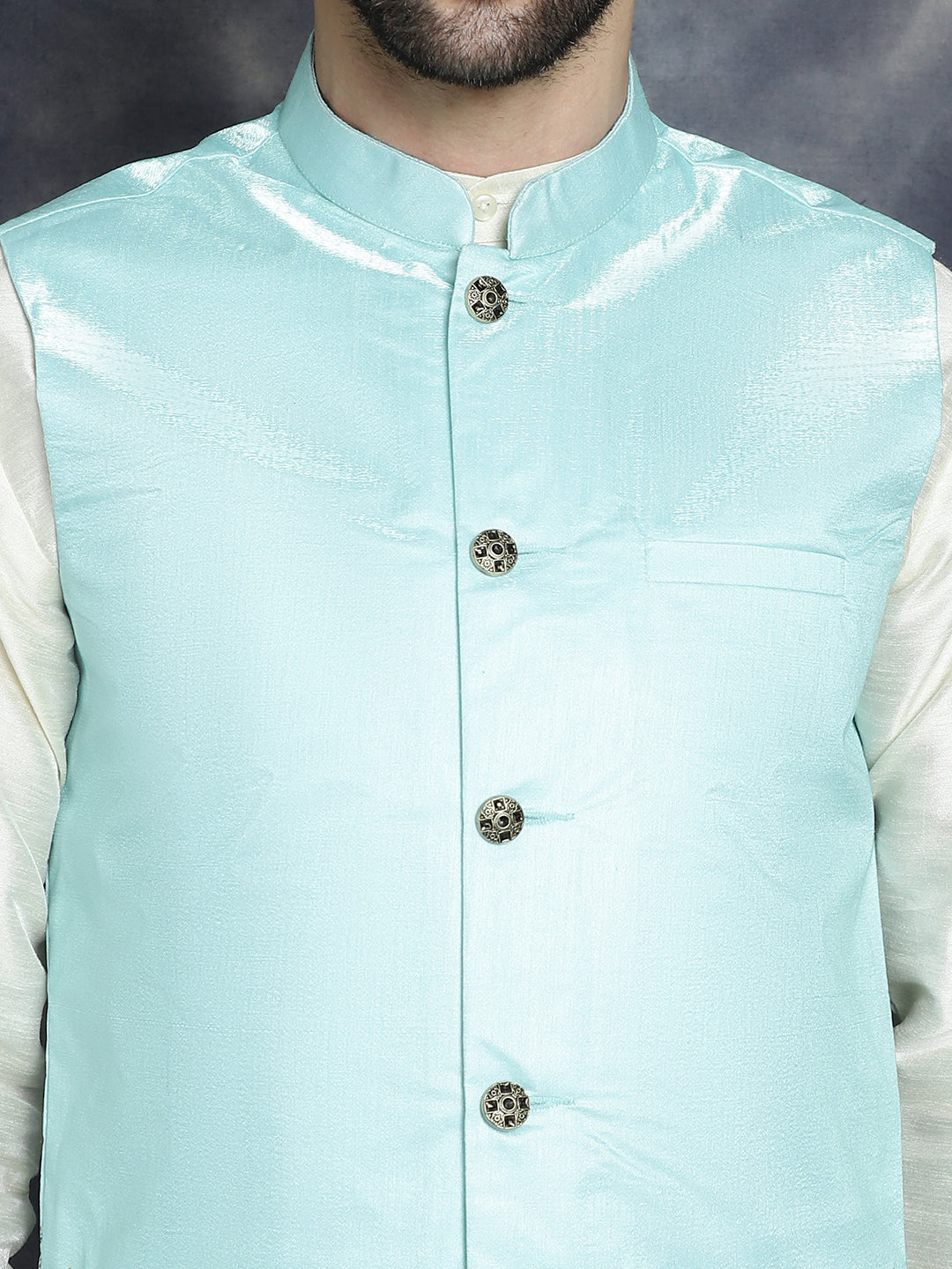 Men's Printed Nehru Jacket With Solid Kurta Pyjama ( JOKPWC 636W 4097Sky )