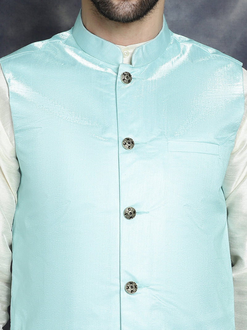 Men's Printed Nehru Jacket With Solid Kurta Pyjama ( JOKPWC 636W 4097Sky )