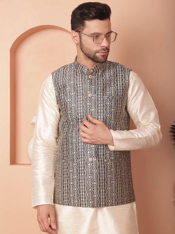 Men's Woven Design Nehru Jacket With Solid Kurta Pyjama