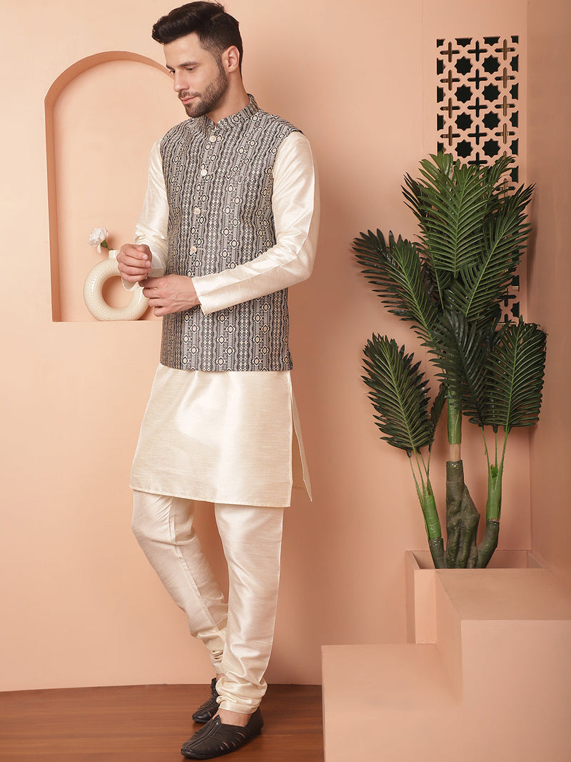 Men's Woven Design Nehru Jacket With Solid Kurta Pyjama