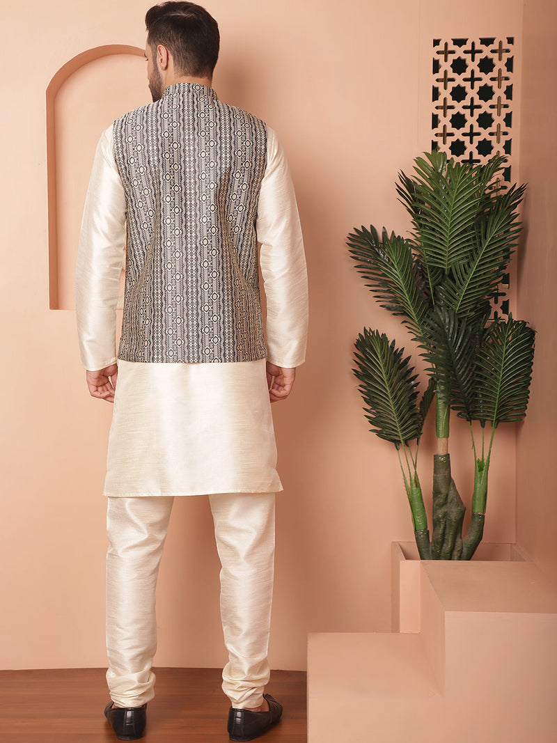 Men's Woven Design Nehru Jacket With Solid Kurta Pyjama